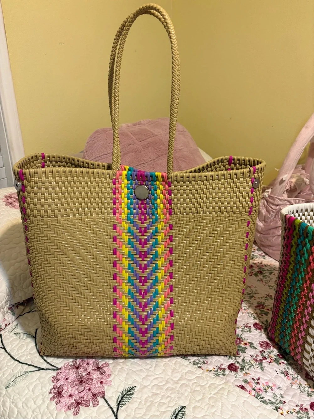 Woven Straw Tote with Multicolor Chevron Accent - Pink/Blue/Green